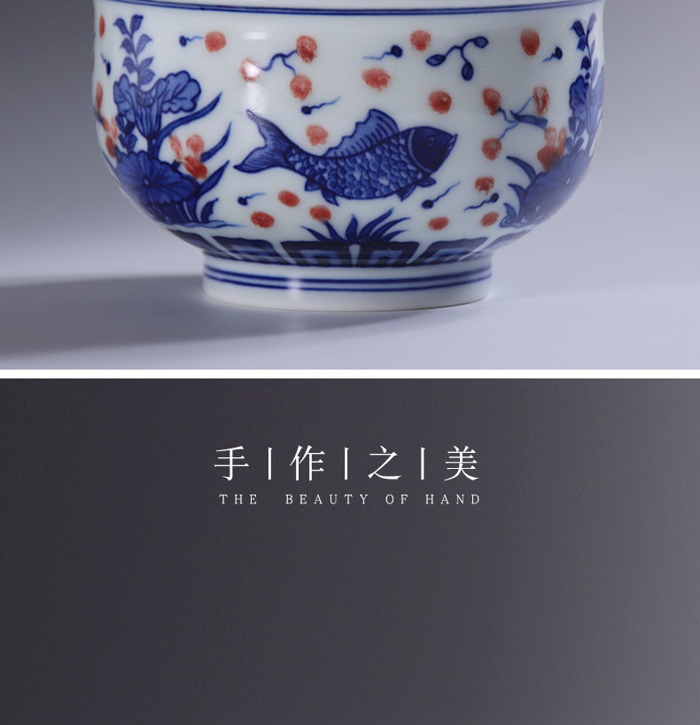 Jingdezhen blue and white porcelain youligong red fish algae lines master cup cup of pure manual hand - made personal high - end tea cup