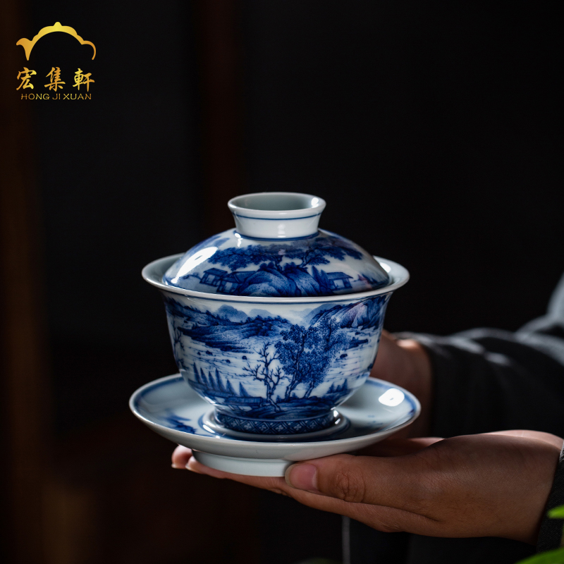 Jingdezhen blue and white hand hand draw landscape tureen maintain master cup of lesser tea bowl three bowls