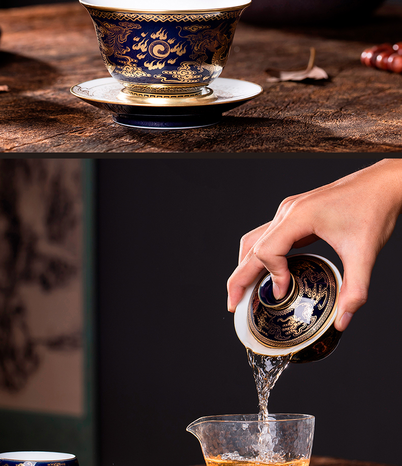 Jingdezhen ceramic tureen three cups to tureen large ji blue bowl kung fu all hand paint longfeng tea cups