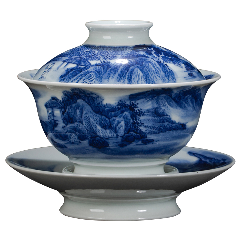 Tureen single hand - made scenery of jingdezhen blue and white only maintain three cup to burn large tea bowl of ceramic tea set