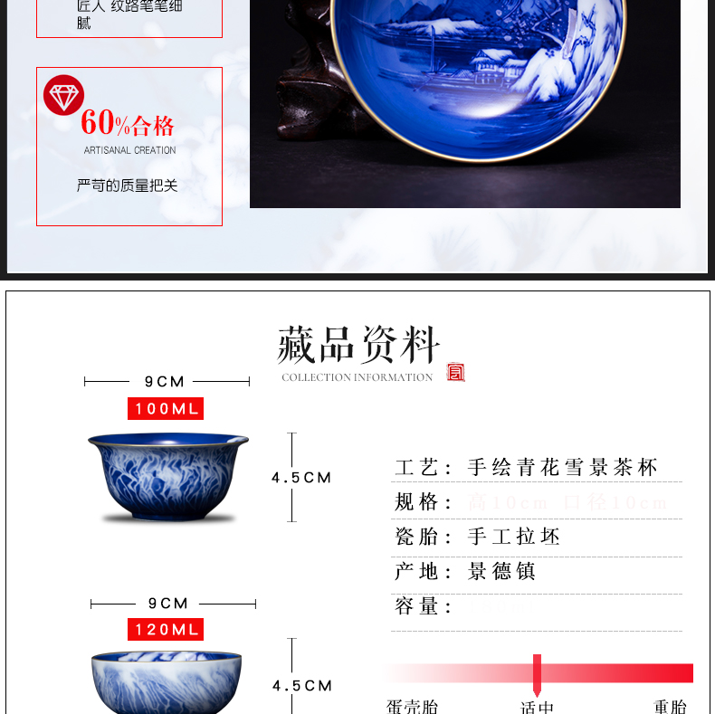 Jingdezhen kung fu tea cups master cup cup single cup sample tea cup hand - made paint snow blue and white porcelain cup