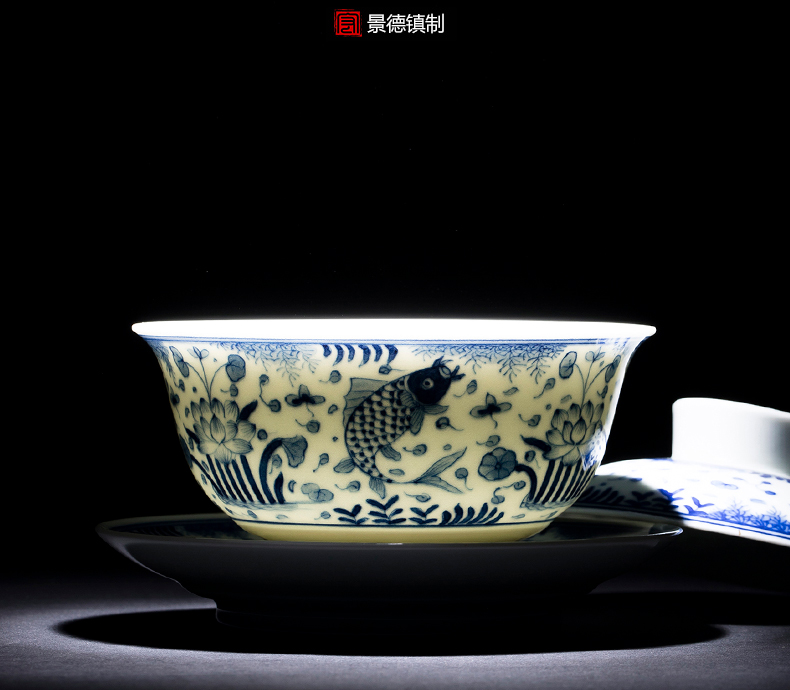 Fish and algae grain tureen hand archaize tureen of blue and white porcelain of jingdezhen ceramic tea set three cups to tureen tea bowls