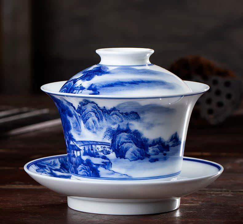 Manual blue - and - white tureen large kung fu tea set hand - made scenery tureen tea bowl three tureen jingdezhen tea cups