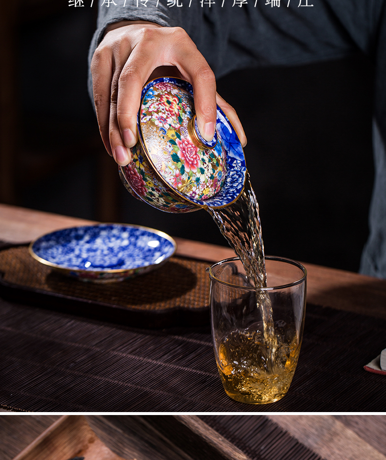 Jingdezhen high - end colored enamel see colour flower tureen large bowl cups blue three tureen ceramic tea set