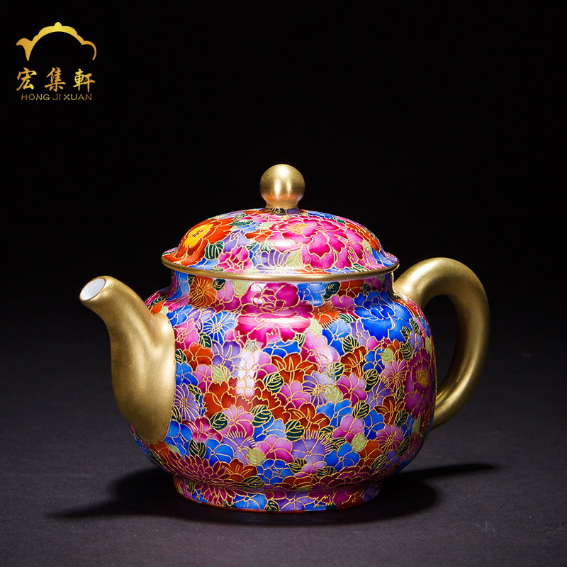 Jingdezhen all hand kunfu tea teapot tea set ceramic wire inlay enamel see colour flower tea gold little teapot