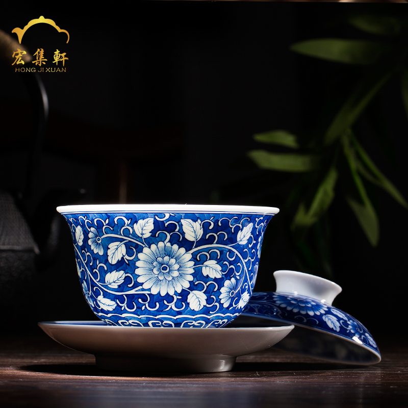 Tureen tea cups of jingdezhen ceramic only three large blue and white tea cup bowl hand - made ancient bowl lotus flower