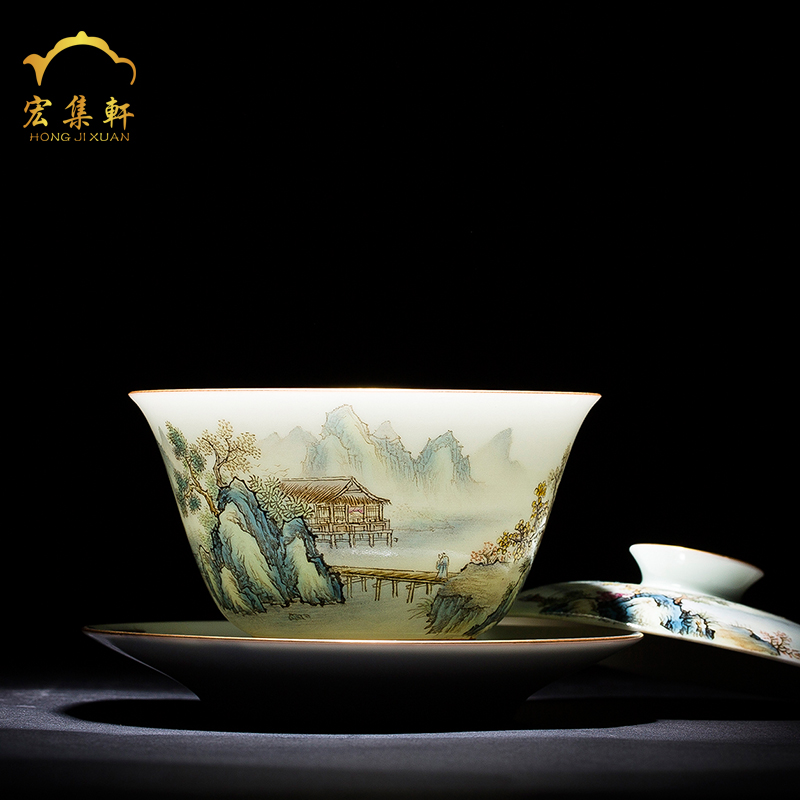 Tureen tea cup three cup of jingdezhen tea service only hand - made pastel paint landscape bowl tea kunfu tea Tureen