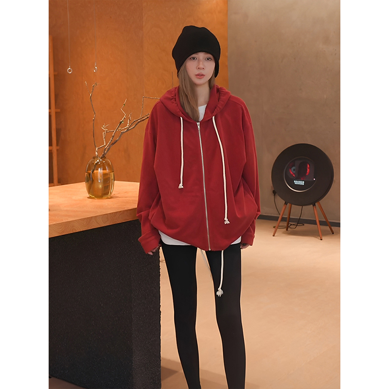 Ma Boss Mzx Loose Drawstring Hooded Jacket Women's Spring Thin Red Sweatshirt Cardigan Wtc261071P Ma Boss Mzx Loose Drawstring Hooded Jacket Women's Spring Thin Red Sweatshirt Cardigan Wtc261071P