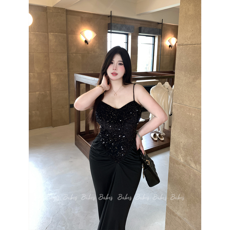 Bbaebs【Black Treasure】Plus-Size Stylish Hot Girl Style Sexy Slimming Black Sequin Patchwork Knit Dress
