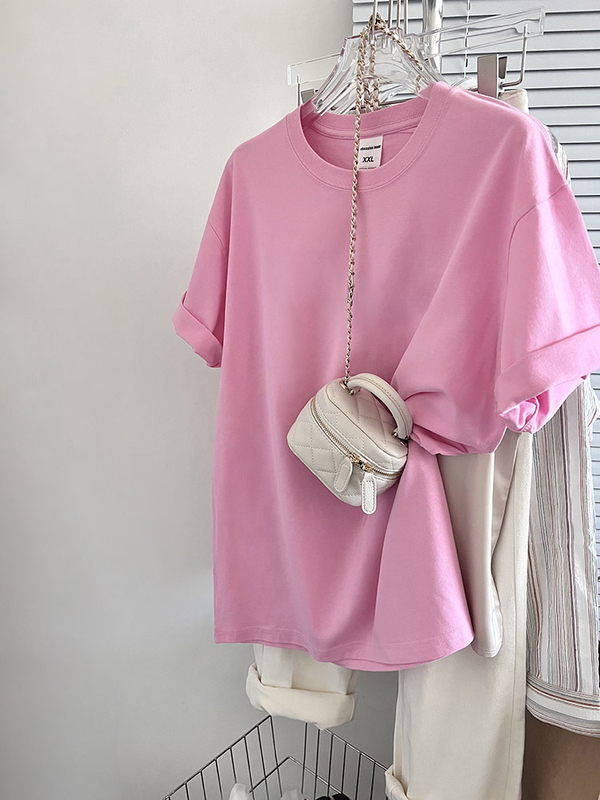 Pink Short-Sleeved T-Shirt for Women 2026 New Summer Trendy Brand Plus Size Loose Fit Tummy-Covering Top Regular Style Pure Cotton
