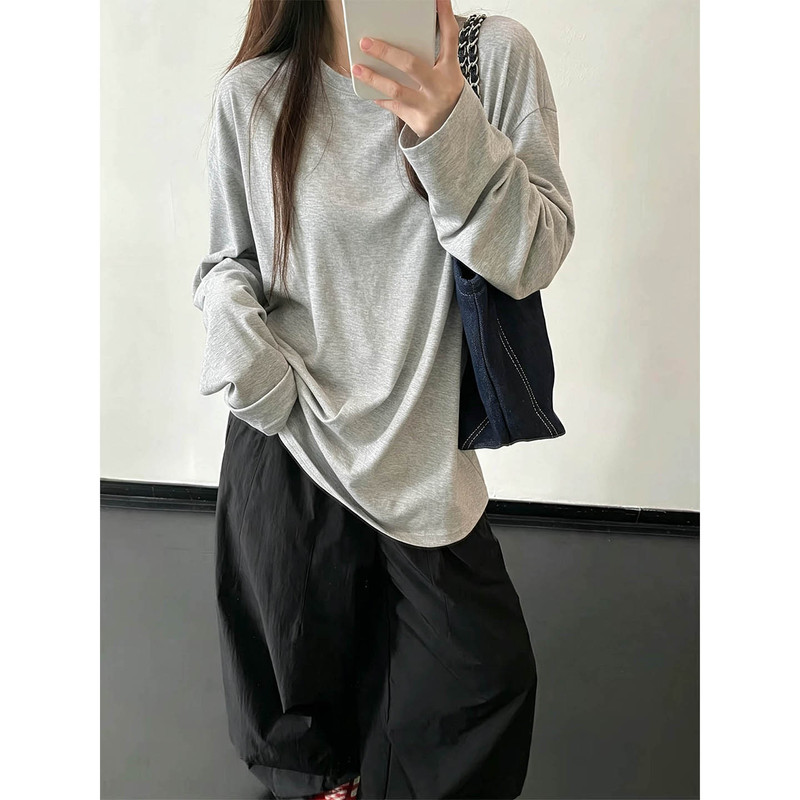Casual and Lazy Style Gray Long-Sleeved T-Shirt Made of Pure Cotton, Versatile, Casual, Loose, Round-Neck, Relaxed, Can Be Worn Inside or Outside
