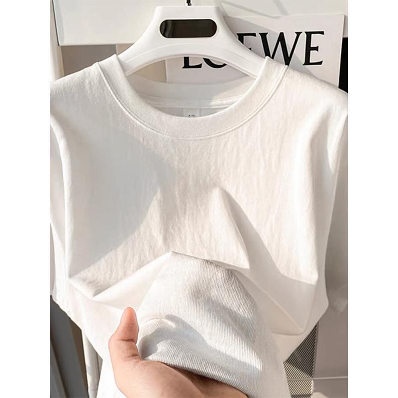 Heavyweight Pure Cotton White Loose Long-Sleeve T-Shirt for Women, Spring and Autumn Round Neck Solid Color Versatile and Easy-To-Wear Base Layer Top