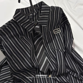 Strapping vertical stripe tie college style cotton ins long sleeve shirt hong kong style retro japanese style men and women spring and autumn