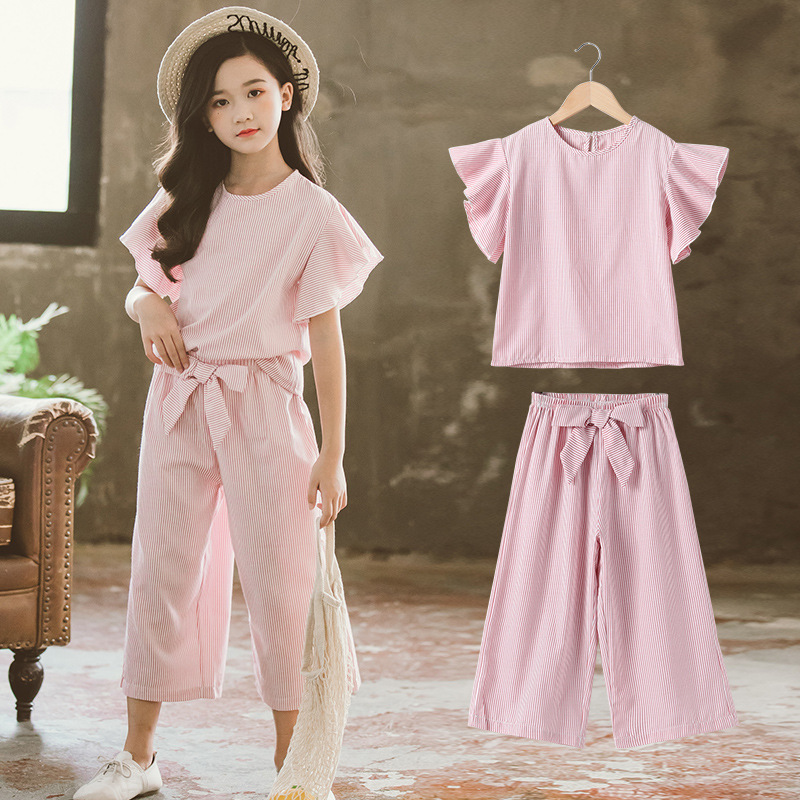 2021 Girls' Summer Dress New Trendy Suit Medium and Big Children's Super Western Style Short-sleeved Wide-leg Pants Two-piece Summer Trend