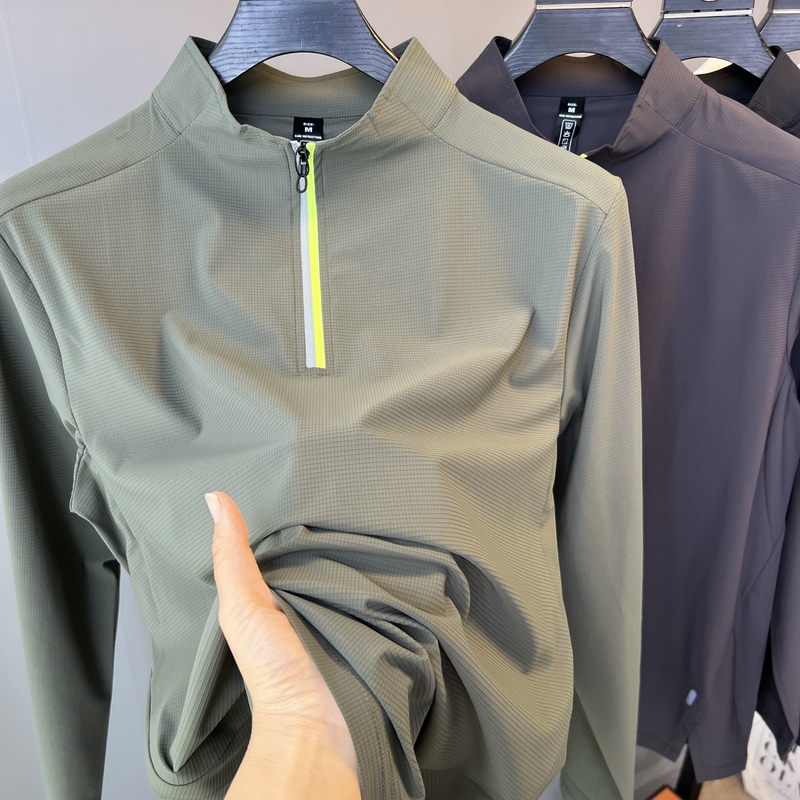 Outdoor Sports Bird-Themed Spring and Summer Thin Breathable Quick-Drying Sun Protection Clothing Men's Stand-Up Collar Long-Sleeved T-Shirt Half-Zip