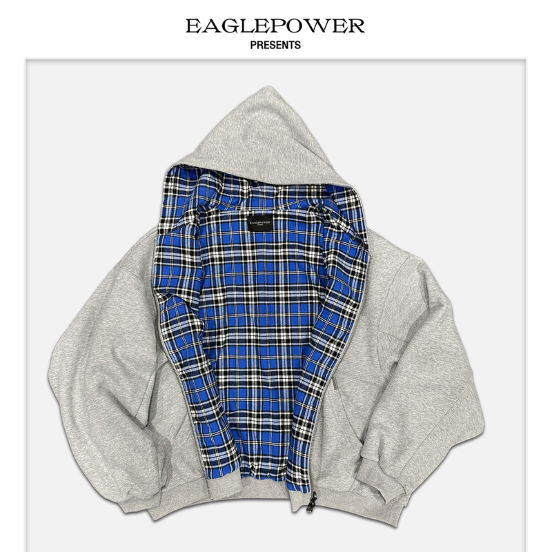 [Celebrity Style] Epower Blue Plaid Reversible Zipper Hoodie Couple's Heavyweight 700g Cotton Jacket