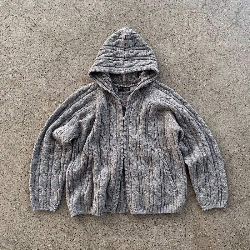 Epower Retro Riri Zipper Twist Pattern Knitted Cable Sweater Hoodie Merino Wool Jacket