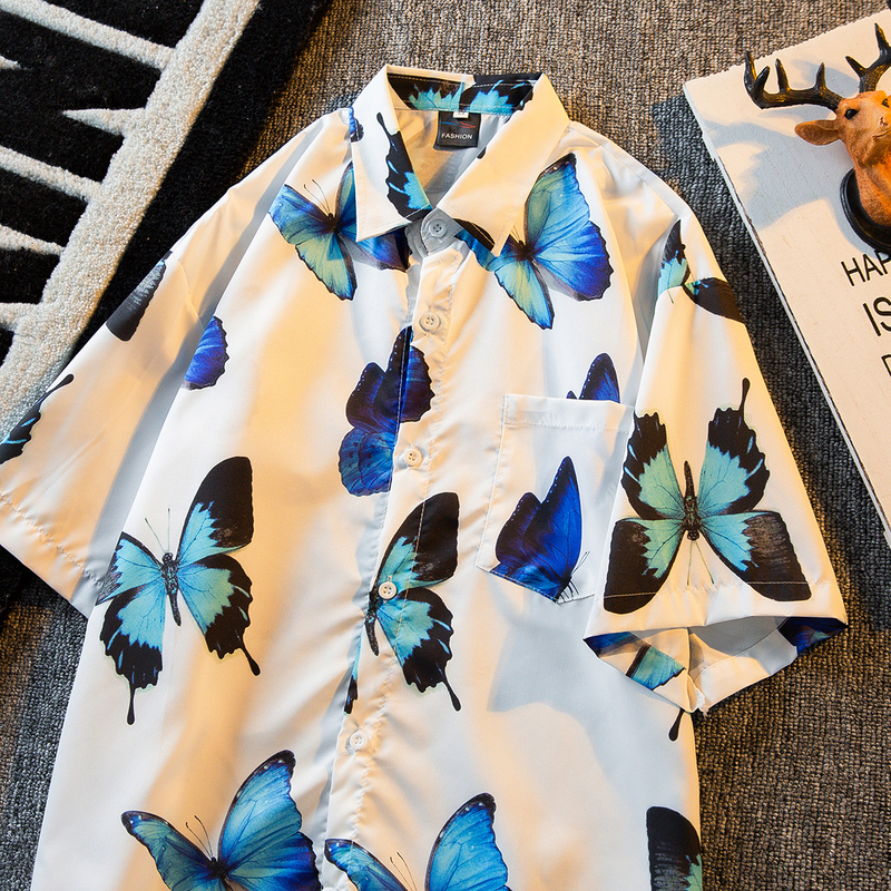 Hpcp New Summer Hawaiian Floral Shirt for Men, High-End Feel, ins Butterfly Print Loose-Fitting Couple's Shirt, Trendy Hpcp New Summer Hawaiian Floral Shirt for Men, High-End Feel, ins Butterfly Print Loose-Fitting Couple's Shirt, Trendy