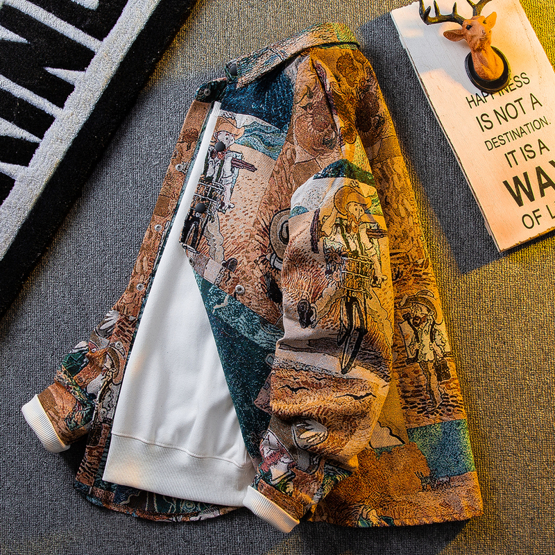 Hpcp American Vintage Van Gogh Abstract Oil Painting Shirt Men's Long-Sleeved Trendy Brand High-End Shirt Jacket Autumn Wear