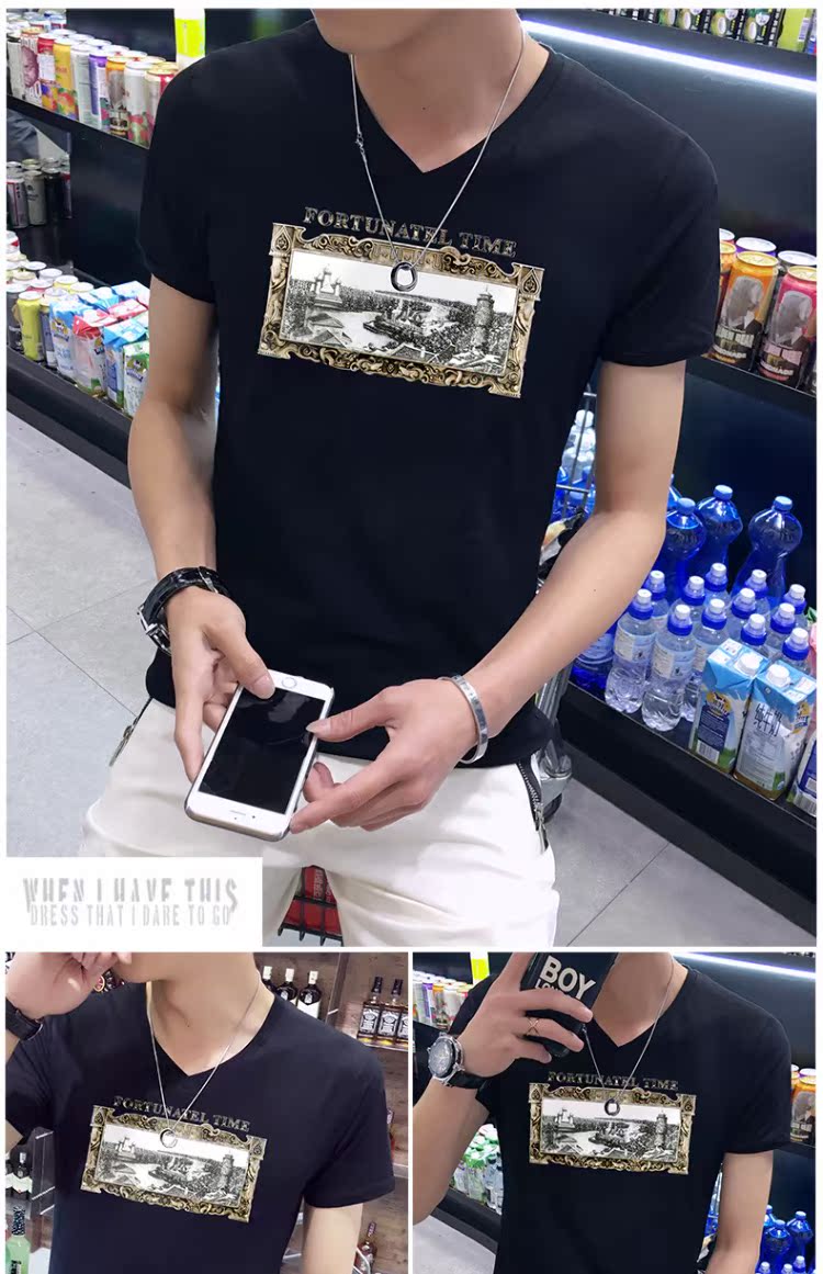 Áo thun nam tay ngắn cổ chữ V kiểu dáng người nổi tiếng nửa tay thon dài tay áo đẫm máu trên quần áo đóng cúc Áo thun nam