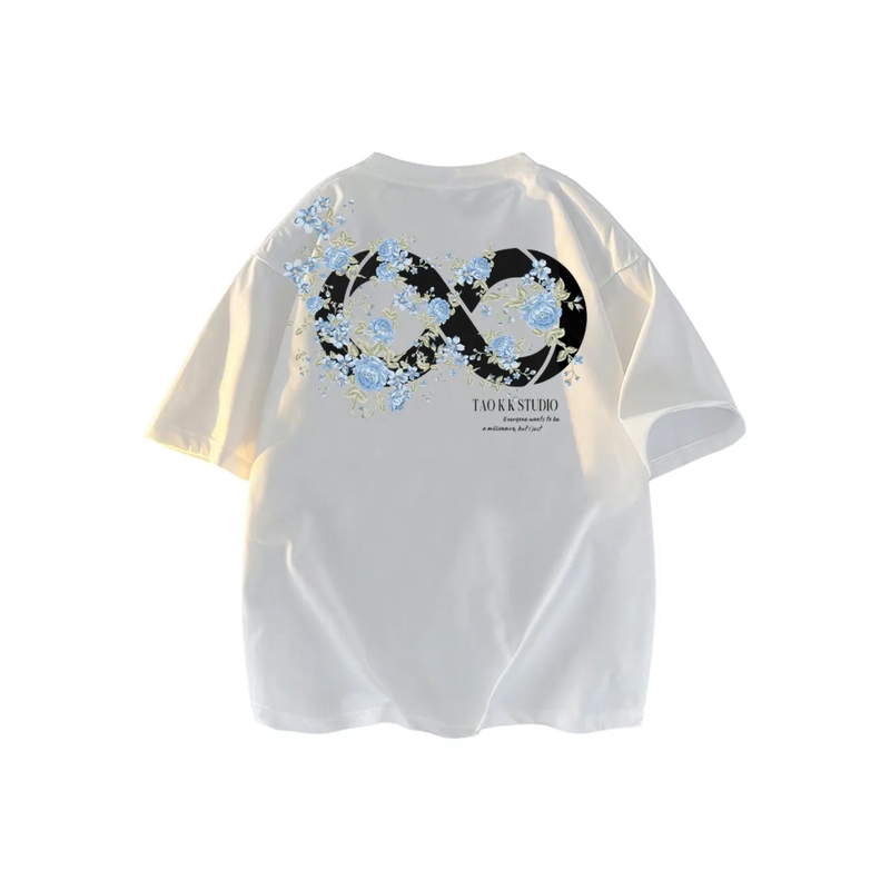 Loox Gz American High Street Retro Fun Infinite Loop Plant and Floral Letter Print Short-Sleeved T-Shirt
