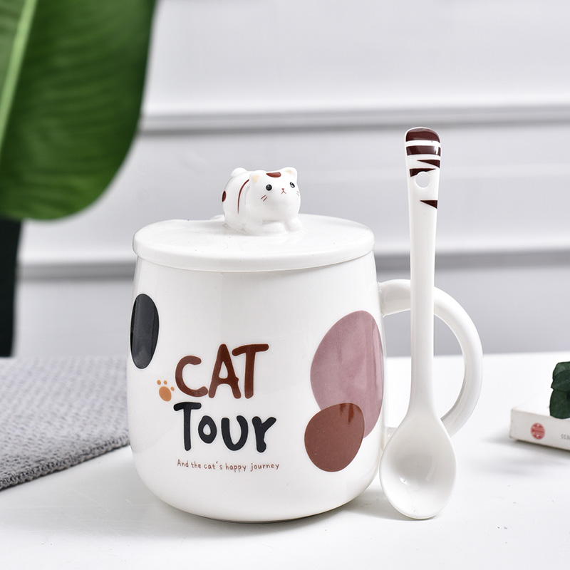 Cute Cat MK Cups Cartoon Ceramic Mug Lovers Women's Water Glasses Coffee Cup With Lid Spoon Breakfast Milk Cup