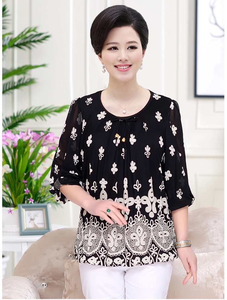 Phụ nữ trung niên 40-50-60 tuổi Mẹ đầm mùa hè Áo thun ngắn tay Người cao tuổi trung niên áo rộng kích cỡ mới - Áo phông áo phom rộng nữ