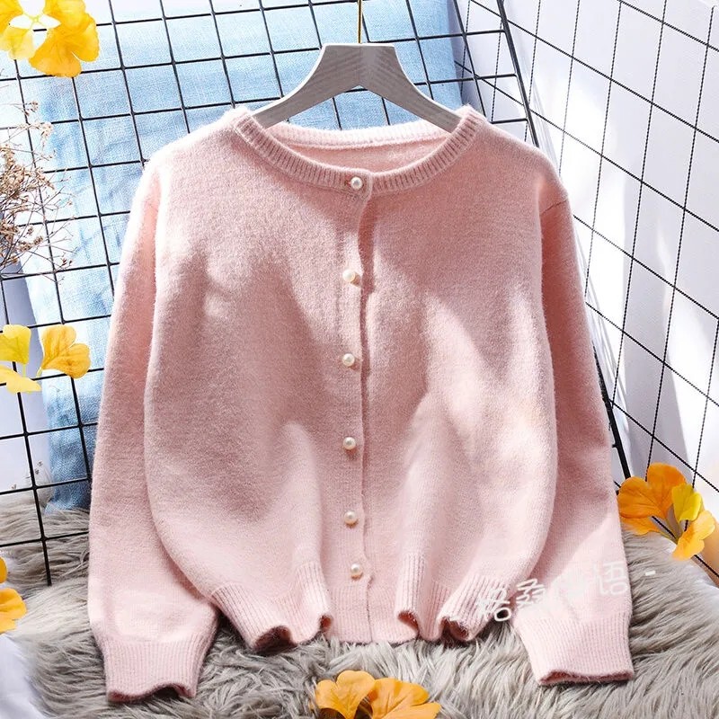 Pearl Button Cardigan for Women, Solid Color, Student Style, 2026 Spring and Autumn, Base Knit Short Round Neck Sweater Jacket, Trendy