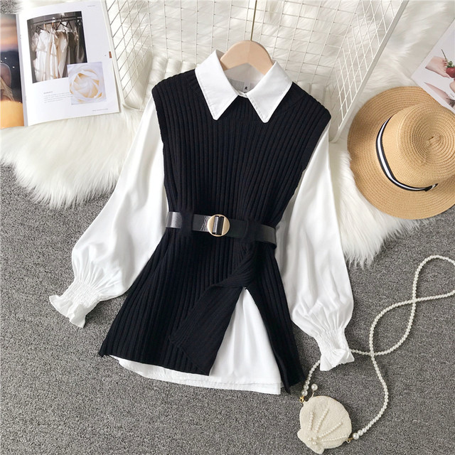 2022 spring and autumn new shirt top women's sweater suit slit knitted vest shirt Western style age-reducing two-piece set