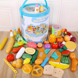 Bucket of Artificial Fruit Cutting and Pretend Play Tableware and Pots, Suit Vegetable and Fruit Cutting Pretend Play Wooden Kitchen Toys