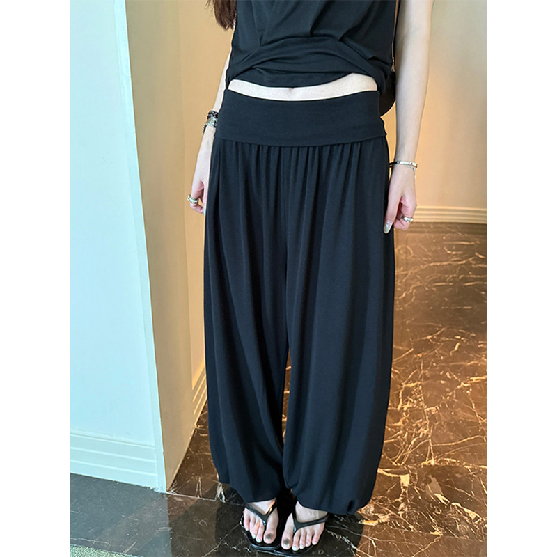 Korean Style Lazy Wide-Leg Pants for Women, Summer Thin Drapey Cuffed Casual Pants, Loose Slimming Jogger Lantern Pants