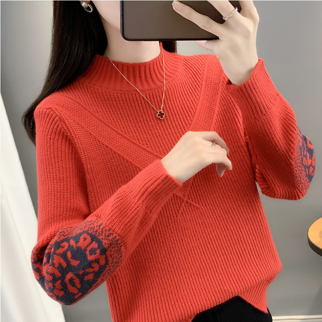 2023 autumn and winter new style half turtleneck red sweater for women, fashionable outer wear, velvet thickened knitted bottoming sweater for women, winter