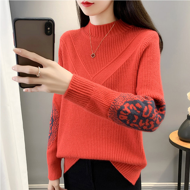 2023 autumn and winter new style half turtleneck red sweater for women, fashionable outer wear, velvet thickened knitted bottoming sweater for women, winter