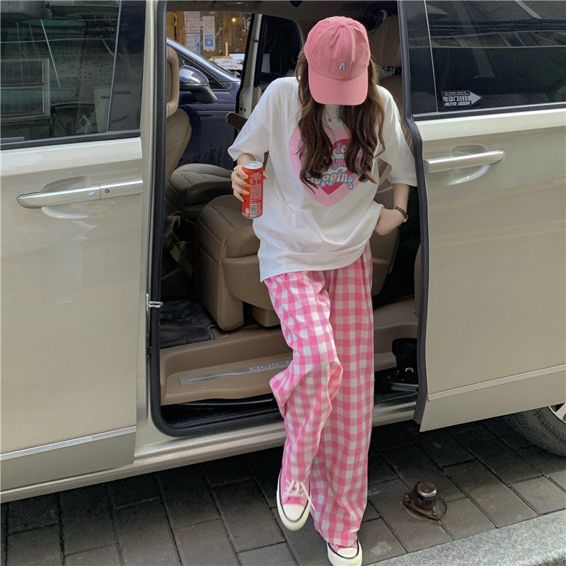 Pure Cotton Pink Plaid Sleeping Pants Woman 2022 Summer New Loving T-shirt Sleeping Clothes Casual Little Subs