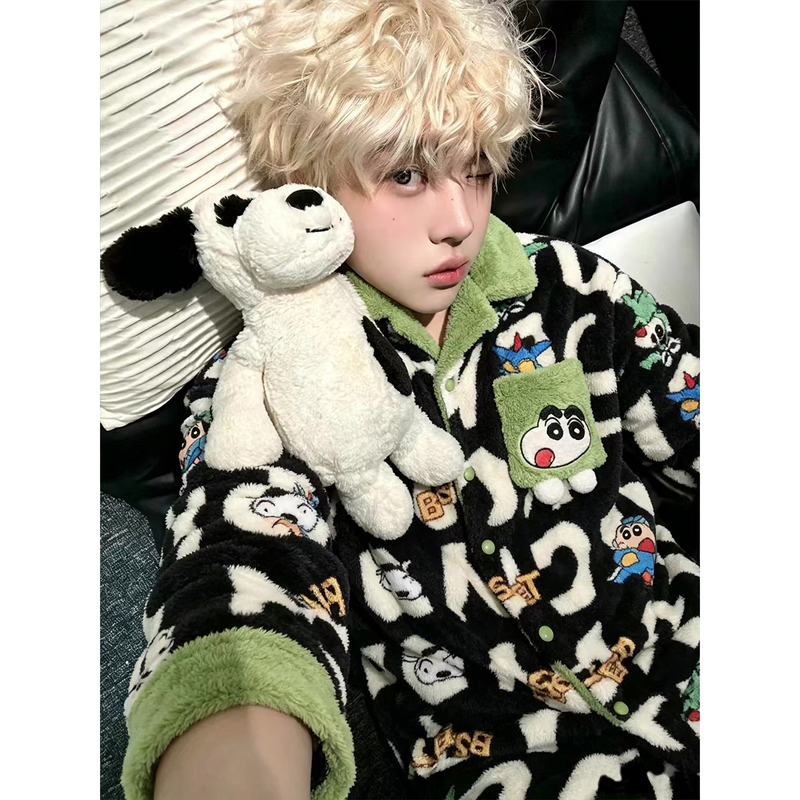 Autumn and Winter Men's Pajamas, Coral Fleece, Thickened, Cartoon-Style, Trendy, High-End, Men's Flannel Warm Loungewear