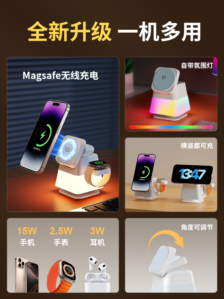 Three-In-One Wireless Charger Night Light Suitable for Apple 16 Fast Charging Magsafe Magnetic Suction iPhone 15 Phone Charging Dock Applewatchs9 Watch Stand AirPods Earphones Desktop