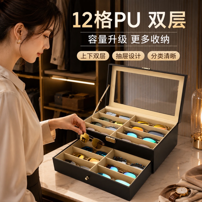 Multi-Compartment Glasses Storage Box, Large Capacity Travel Sunglasses Pu Sun Glasses Watch Double-Layer Glasses Storage and Display Box