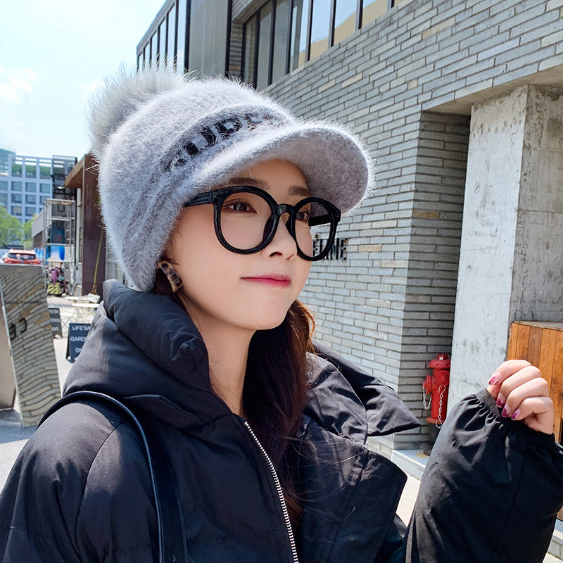 Hat Lady Autumn Winter Korean version plus suede thickened protective ear warm hat ball Duck Tongue Knitted Hat Rabbit Fur Hat Wool line hat