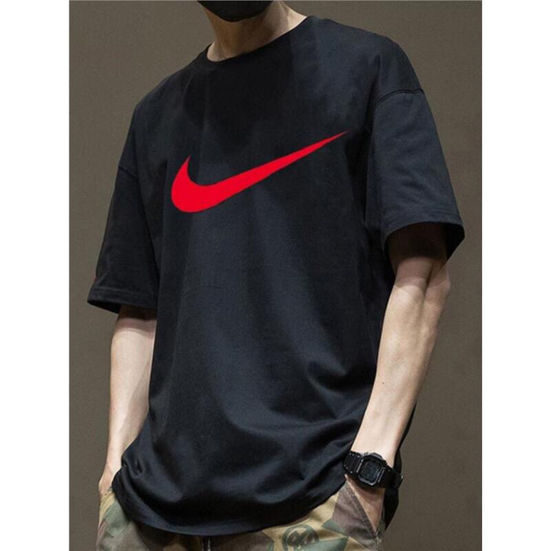Nike Genuine Red Large Logo Short-Sleeved Men's Pure Cotton Breathable Sports T-Shirt Black Loose Casual Half-Sleeve