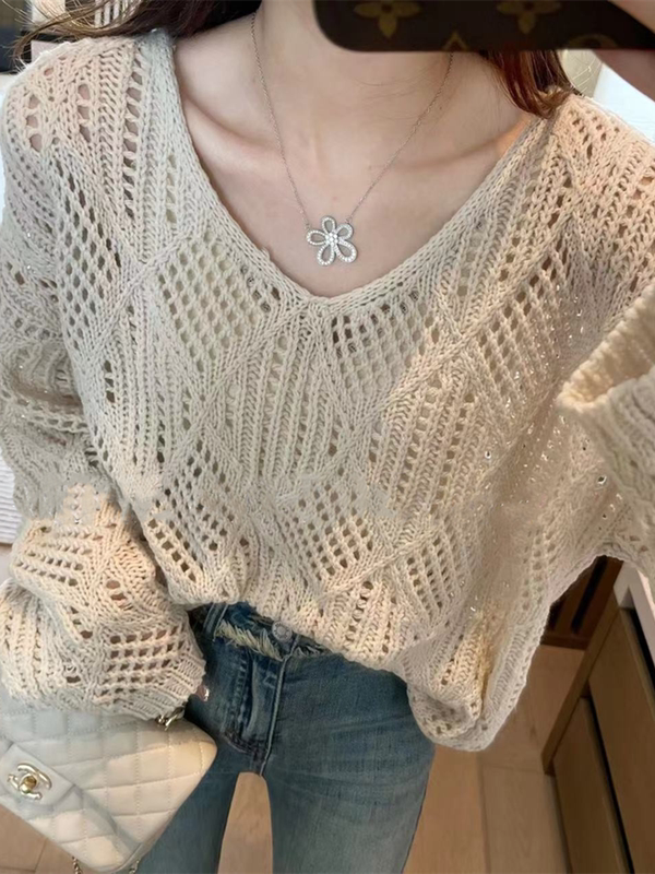 Loose and Casual Style Hollow V-Neck Knit Sweater for Women, Spring/Summer 2026 New Fashion Versatile Slimming Long-Sleeve Top