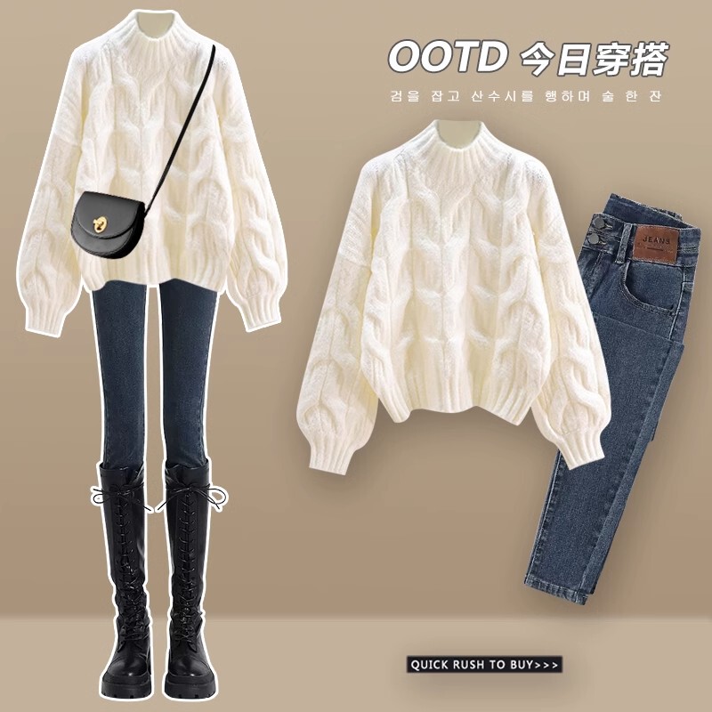 Fufu Lazy White Cable Knit Sweater for Women, Autumn and Winter, Gentle and Soft Knitwear, Thickened, Loose-Fitting, High-End Feel Top