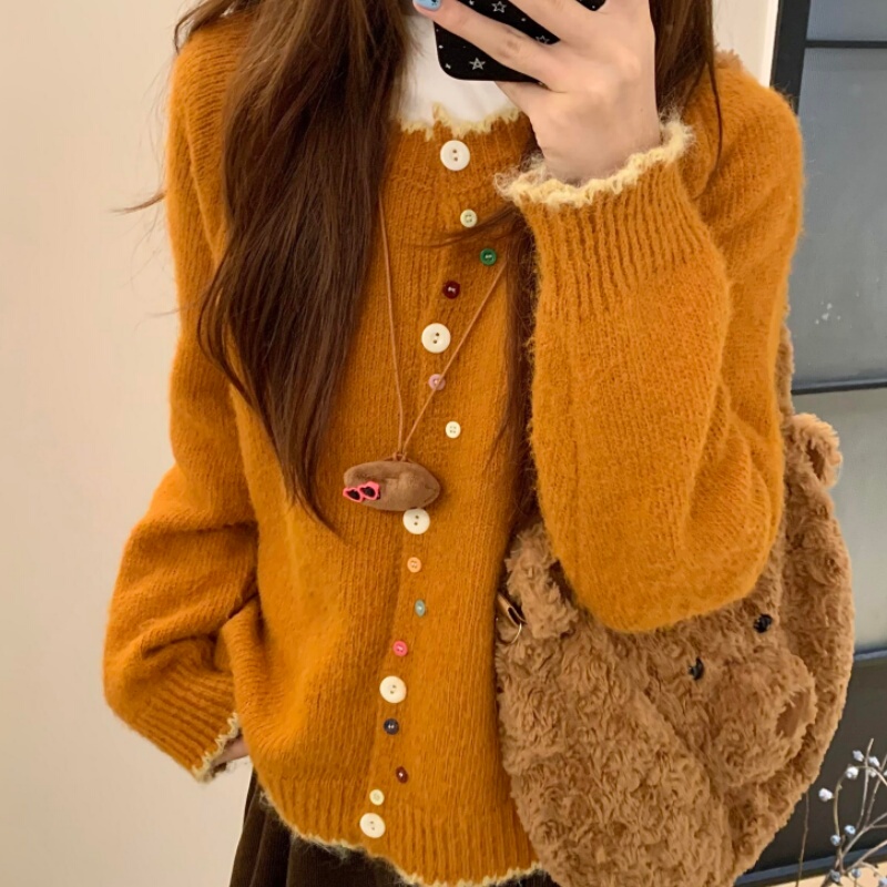 Korean Style Color-Blocked Soft Versatile Knit Cardigan for Women 2026 Autumn and Winter New Loose Slimming Round Neck Sweater Trendy Korean Style Color-Blocked Soft Versatile Knit Cardigan for Women 2026 Autumn and Winter New Loose Slimming Round Neck Sweater Trendy