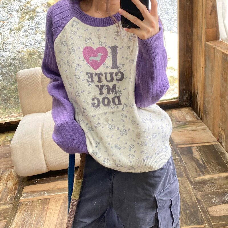 Autumn and Winter Loose American-Style Fun Printed Color-Blocked Long-Sleeved Knitted Sweater for Women, Spring and Autumn Loose Casual Pullover Sweater