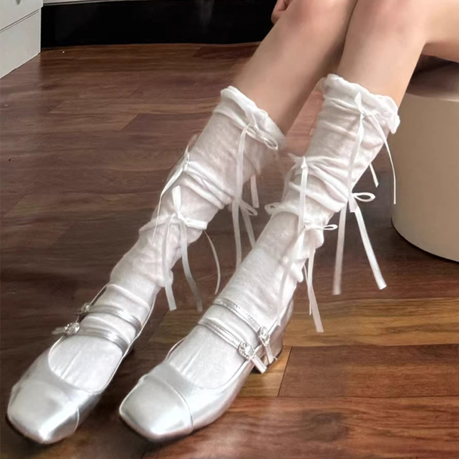 Women's summer thin white slouch socks with bow, Miu style ballet-inspired socks, summer long socks