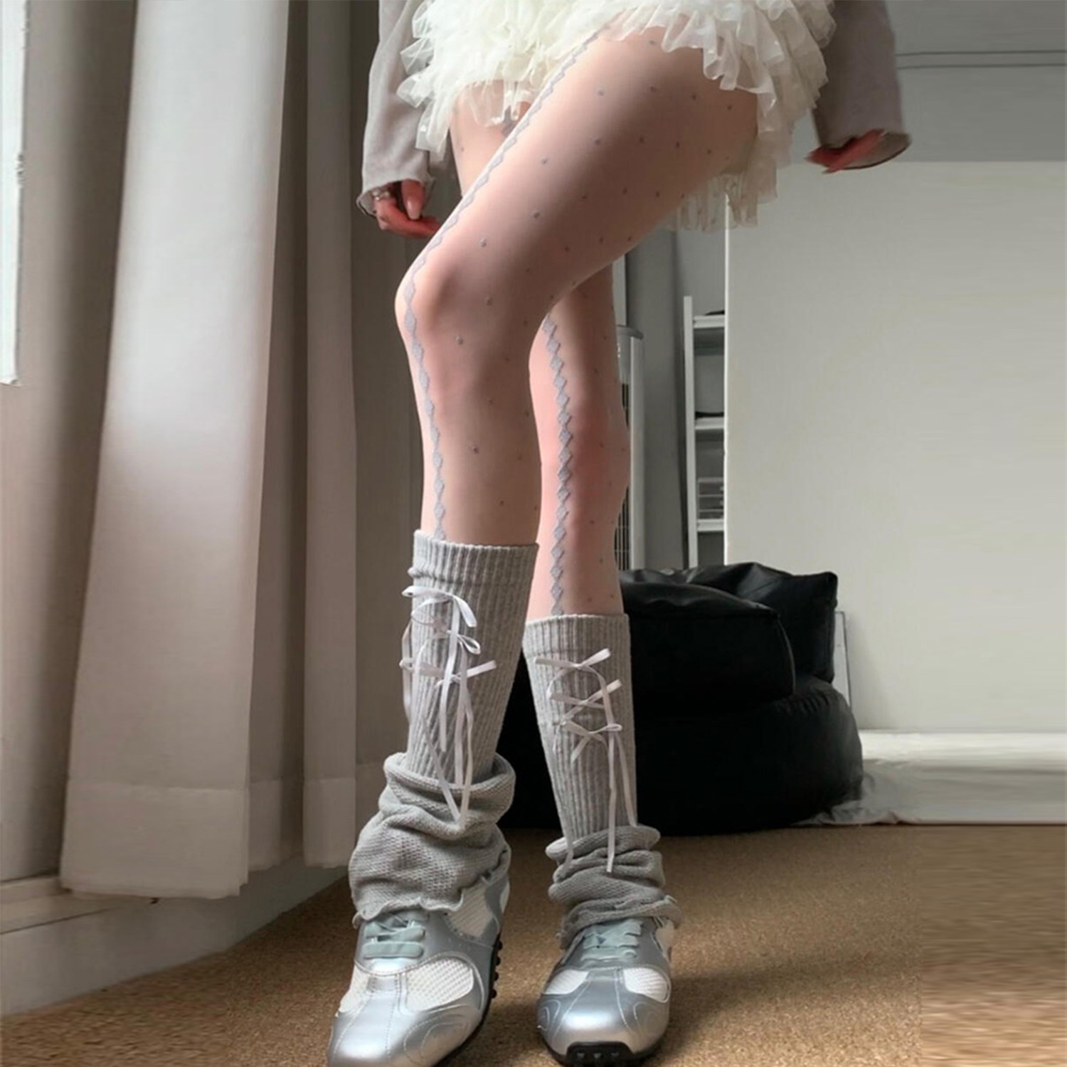 Ballet-style bow-tie slouch socks, grey calf socks, Miu series stockings, thin white knee-high socks, Y2K