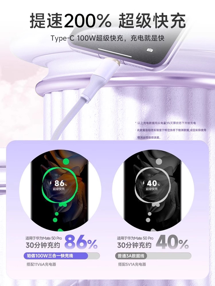 Platinum Compatible Data Cable 3-in-1 Charger Cable Liquid 100W Super Fast Charging Three-Head Apple Huawei Vivo Android One-To-Three Type-C Mobile Phone iPhone Multi-Head Multi-Function Car Charger 3