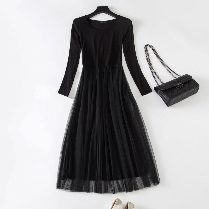 Women's Base Dress 2026 New Model Modal Long-Sleeve Black Dress with Lace Inner Layer Slimming Mesh Dress