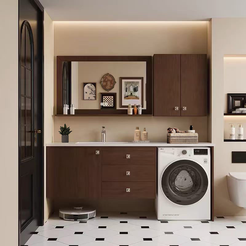 New Chinese-Style Solid Wood Washing Machine Integrated Cabinet Combination, Floor-Standing Bathroom Sink, Washbasin Cabinet with Seamless Rock Slab Basin