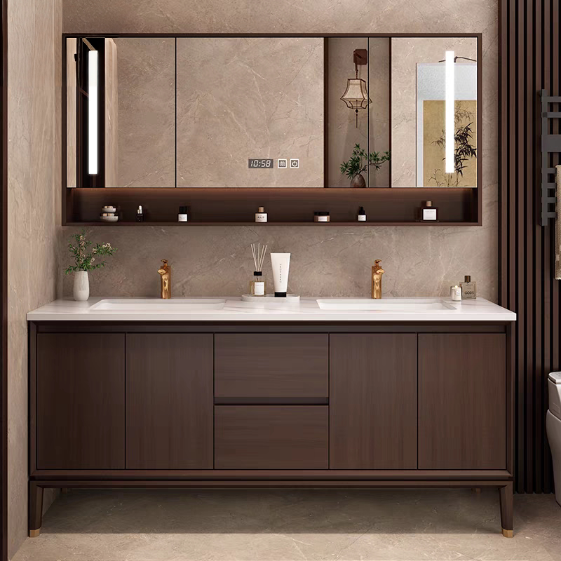 New Chinese-Style Bathroom Cabinet Set, Solid Wood Floor-Standing Bathroom Ceramic Integrated Washbasin, Rock Slab Smart Double Basin