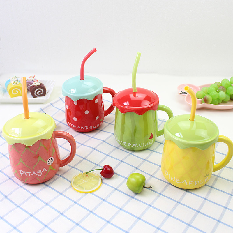 Love Beauty Whirlpool Summer Emulation Watermelon Cup Fruit Ceramic Mark Cup Hand-painted With Lid Delivery Straw Water Cup 460ml